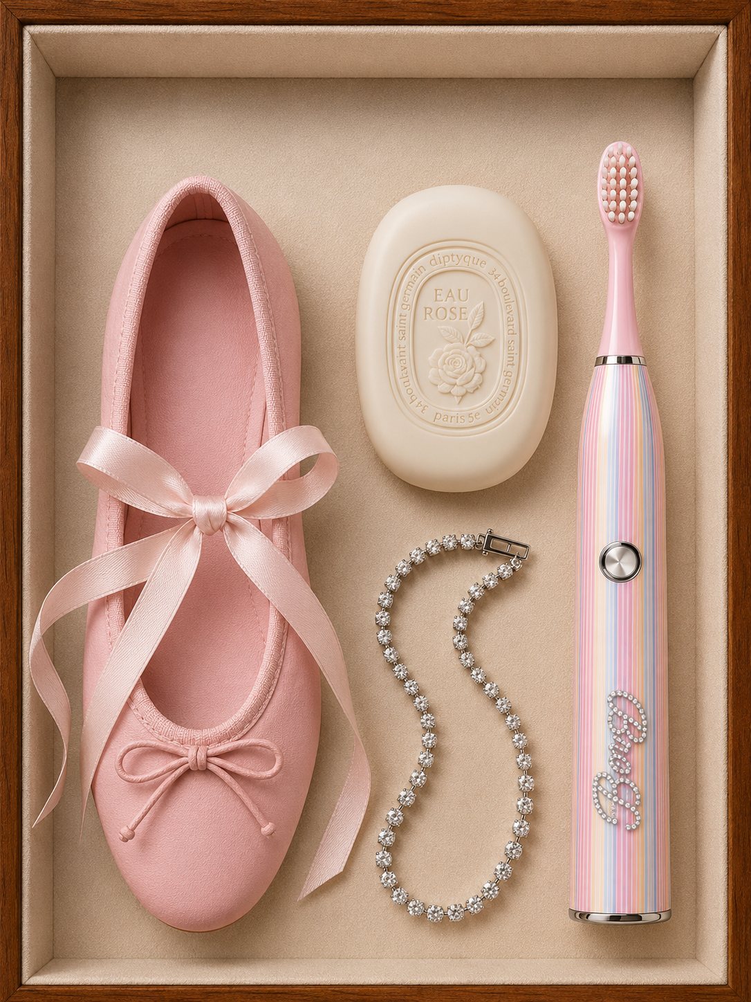 Pink ballet flat, soap and a crystal necklace beside the Morning Stripe toothbrush