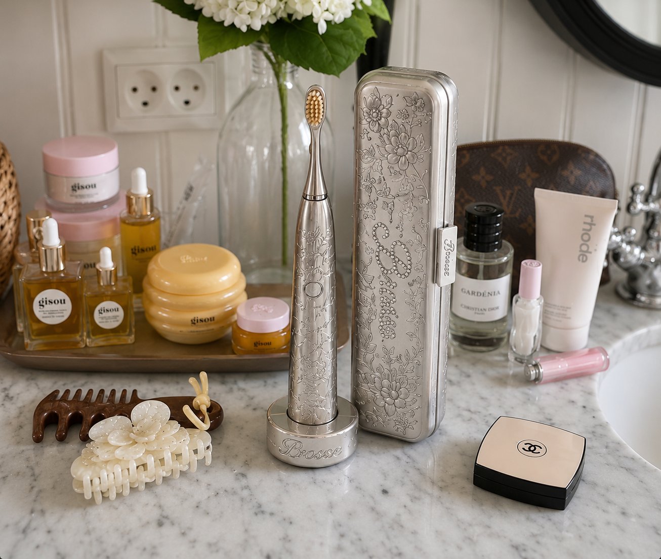 Brosse toothbrush and travel case on a marble bathroom counter with flowers, perfume bottles and a handbag