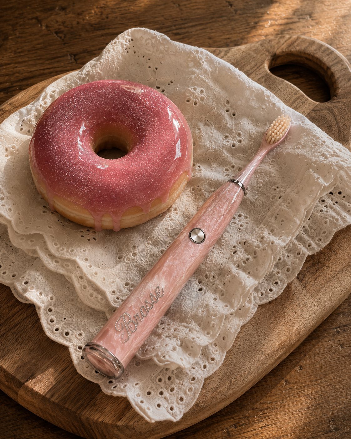 A glazed pink donut beside the Pink Sugar toothbrush on an embroidered cloth